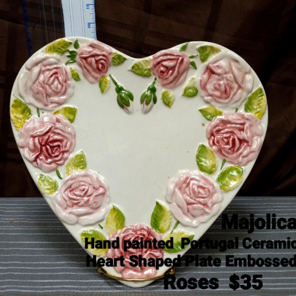 Majolica Handpainted Portugal embossed heart platter/plate/tray